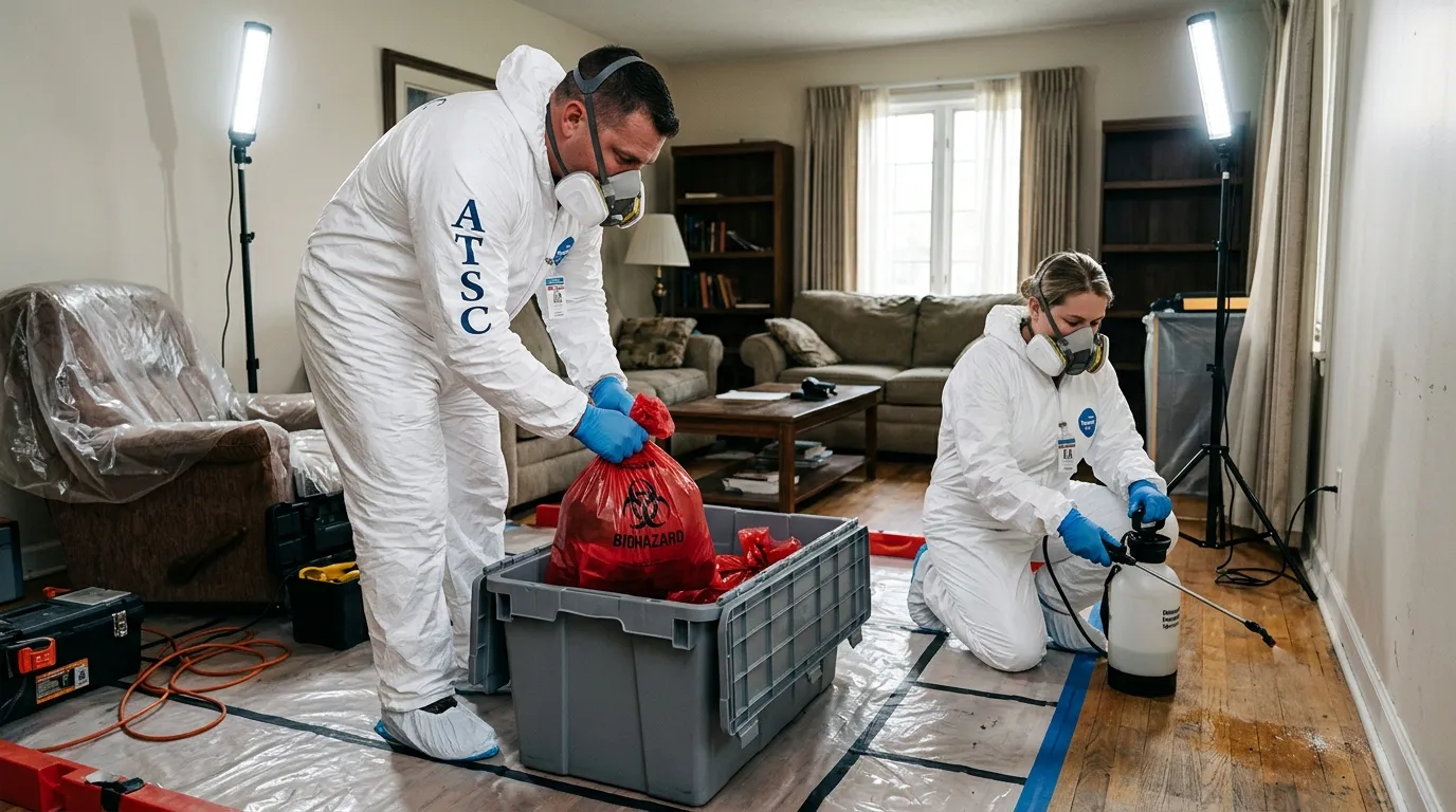 Professional Hoarding Cleanup technician in full PPE working in Valley Park